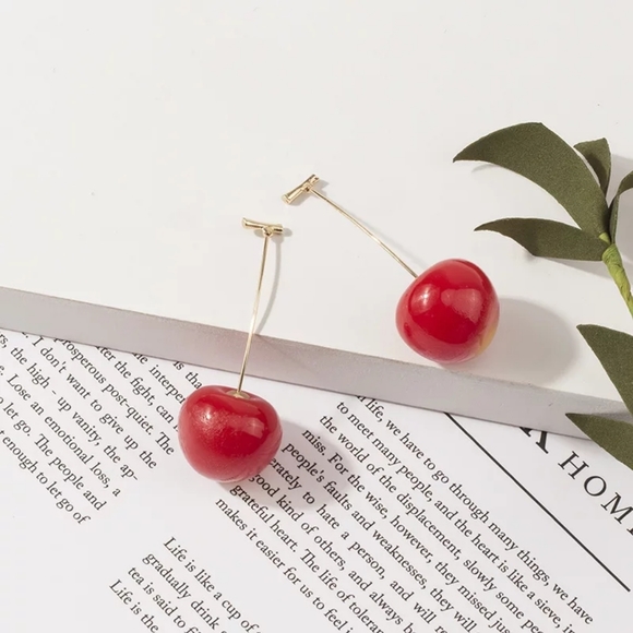 Acrylic Bright Red Cherry Dangle Earrings - Picture 4 of 4